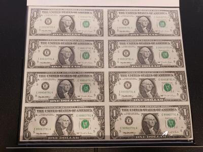 1995 Series $1 Uncut 9-Note Sheet & Single Note in Display Holder