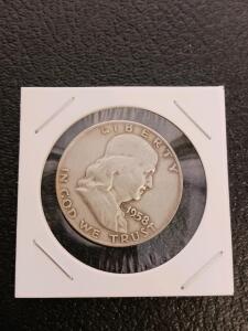 1958-D Franklin Half Dollar, 90% Silver, Circulated, Denver Mint