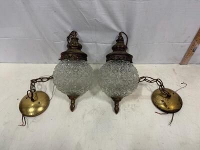 Vintage Pair Mid-Century Starburst Glass Globe Pendant Lights, Brass Chain, Ceiling Canopy, 8.5"
