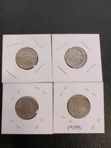 1938-D Buffalo Nickel Lot (4 Coins), Indian Head Nickel, Denver Mint, Heavy Circulation