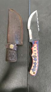 Fixed-Blade Knife with Laminated Wood Handle and Embossed Leather Sheath