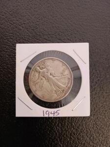 1945 Walking Liberty Half Dollar 90% Silver, Circulated, U.S. Coin