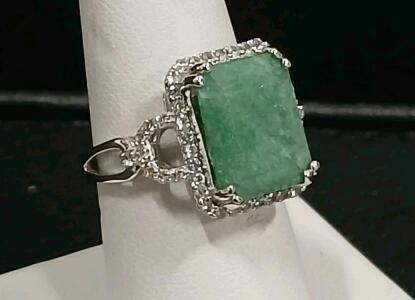 Emerald Cabochon Ring 6.50ct Green Beryl, 0.35ct Sapphire Accents, 925 Sterling Silver, GGA Cert