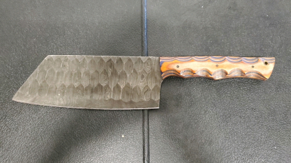 Custom Damascus Cleaver-Style Kitchen Knife with Multicolored Layered Wood Handle