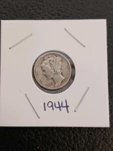 1944 Mercury Dime 90% Silver US Coin, No Mint Mark, Circulated