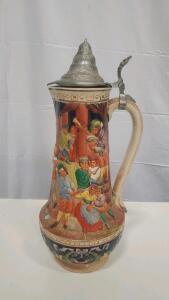 Large German Lidded Beer Stein, Pewter Lid, Hand-Painted Tavern Scene, Ceramic, ~13&rdquo; Tall