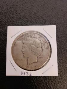 1922 Peace Silver Dollar, 90% Silver, Circulated, Anthony de Francisci Design, in Cardboard Flip