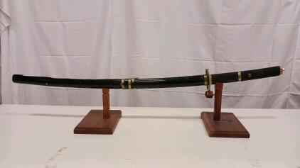Japanese Katana Sword 40" Overall, Black Lacquer Saya, Brass Fittings, Wood Stand