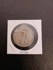 1936 Walking Liberty Half Dollar, 90% Silver, Circulated, by Adolph A. Weinman
