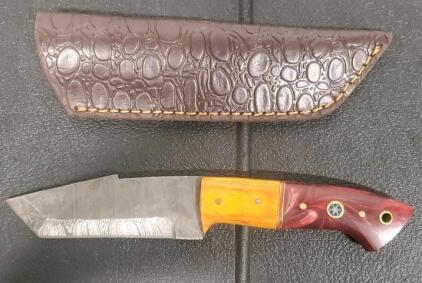 Fixed-Blade Knife with Damascus Steel Blade and Two-Tone Wood Handle