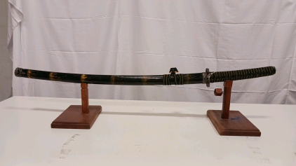 Japanese Katana Sword with Ornate Guard, Lacquered Saya, Display Stand, Curved Steel Blade