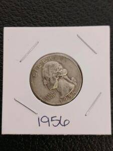 1956-D Washington Quarter, 90% Silver, Circulated Condition, 6.25g, 24.3mm Diameter