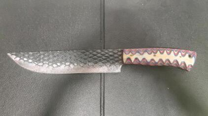 Custom Hammered Blade Fixed Knife &ndash; Textured 6" Drop Point, Multicolor Micarta Handle, Full Tang
