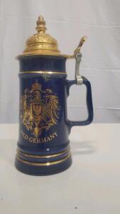 German Beer Stein &ndash; Cobalt Blue, Imperial Eagle Crest, Ornate Metal Lid, 0.5L, "Old Germany"