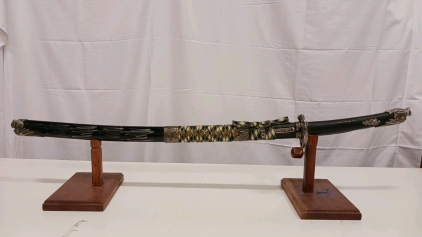 Japanese Decorative Katana Sword, Dragon Motif, 28" Blade, Ornate Fittings, Display Stand Included