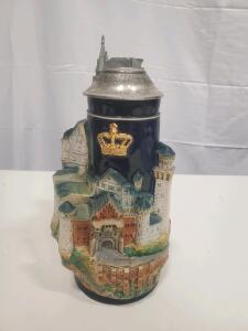Neuschwanstein Castle German Beer Stein, 10.5" Pewter Lid, 3D Relief, Lion Handle, Gold Crown