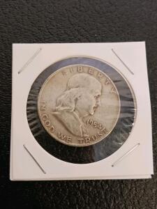 1954-S Franklin Half Dollar, San Francisco Mint, 90% Silver, Circulated, Liberty Bell Design