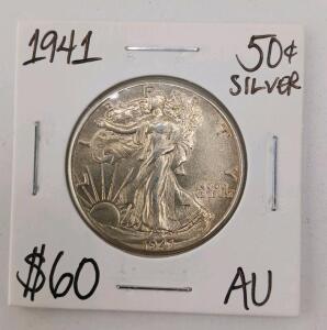 1941 Walking Liberty Half Dollar, AU Condition, 90% Silver
