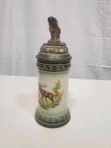 Lidded Ceramic Beer Stein with Pewter Ram Finial, Stag Forest Scene, 0.5L, Marked "30"