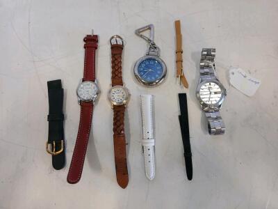 Mixed Lot: GUESS Pocket Watch, watch-it & AQUAMAR Leather Wristwatches, Unisex Silver Analog Watch, Bands