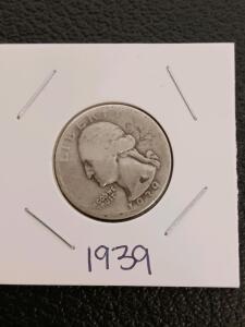 1939 Washington Quarter, 90% Silver, No Mint Mark, Philadelphia Issue &ndash; Key Collector Coin