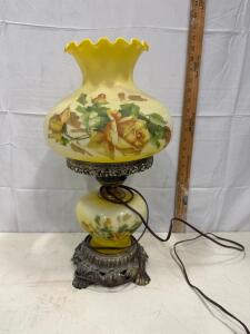 Vintage 20" Hurricane Table Lamp, Hand-Painted Yellow Floral Glass, Ornate Metal Base