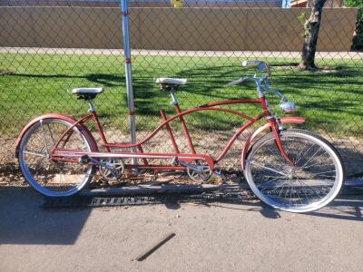 Vintage Daisy Daisy Tandem Bicycle, Red, Single Speed, 26" Wheels, Steel Frame w/ Headlight