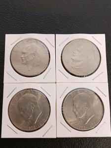 1976 Eisenhower Bicentennial Dollar Coins, 4-Piece Lot, D/S Mint Marks, Liberty Bell/Moon Design
