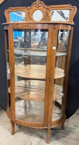 Victorian Oak Curio Cabinet, Bow Front, Curved Glass, Mirrored Top, 66"x42"x18"