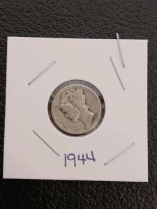 1944 Mercury Dime, 90% Silver, United States Ten Cent Coin, Circulated, Winged Liberty