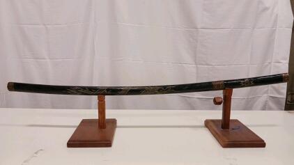 Decorative Katana Sword with Lacquered Saya, Dragon Motif & Display Stand, 40 in Overall Length