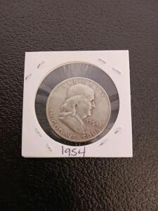 1954 Franklin Half Dollar, 90% Silver, Philadelphia Mint, Circulated, in 2x2 Holder