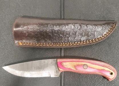 Custom Fixed-Blade Knife 4.5" Drop Point, Dyed Wood Handle, Patterned Leather Sheath, Mosaic Pin