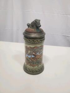 German Stoneware Beer Stein with Pewter Wild Boar Lid, Hunting Motif, 0.5L, 9.5in Tall
