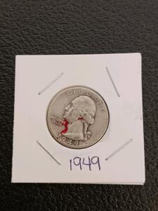 1949 Washington Quarter, 90% Silver, Approx. G-4 to VG-8 Grade, Red Stains Present