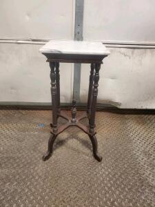 Antique Victorian Marble-Top Side Table with Turned Legs and Cross-Stretcher Design