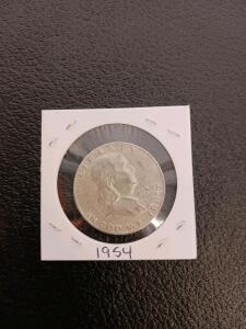1954 Franklin Half Dollar 90% Silver - Benjamin Franklin Liberty Bell Coin in 2x2 Holder