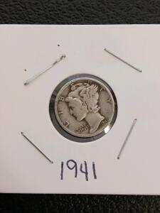1941 Mercury Dime, Philadelphia, 90% Silver, Adolph A. Weinman Design, US Coin