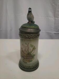 Ceramic Lidded Beer Stein with Hand-Painted Quail Topper and Nature Scene