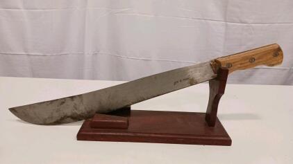 Large Bolo Knife with Wooden Handle and Display Stand, 18" Blade, High Carbon Steel