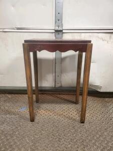 Hand-Painted Wooden Side Table with Floral Motif, Scalloped Apron, and Square Legs