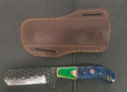 Custom Fixed-Blade Knife with Damascus Steel Blade and Blue/Green Handle