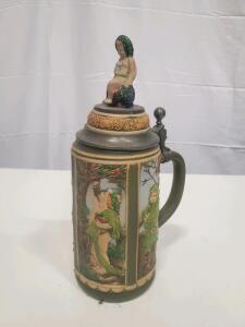 German Stoneware Beer Stein, Figural Pewter Lid, Relief Cherub Scenes, 10" Tall, Germany