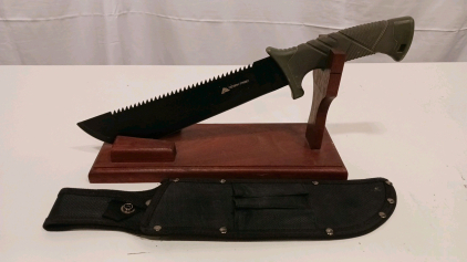 Ozark Trail 14-Inch Bowie Sawback Survival Knife, 8" Blade, Olive Handle, Nylon Sheath