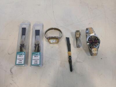 Lot of 3 Analog Watches (Geneva, ARMI) and 3 Replacement Leather Watch Bands (12mm, 14mm)