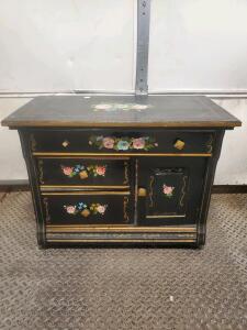 Hand-Painted Wooden Accent Cabinet with Floral Motif, 2 Drawers, 1 Door, Gold Detailing