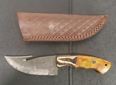 Fixed-Blade Hunting Knife with Gut Hook, Approx. 4.5" Blade, Leather Sheath