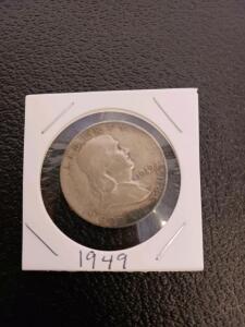 1949 Franklin Half Dollar 90% Silver, Circulated, US Mint, Encapsulated in 2x2 Flip Holder