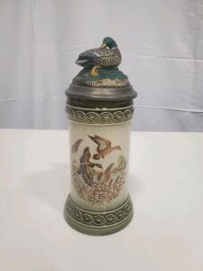 Decorative Duck-Themed Ceramic Beer Stein with Pewter Lid and Duck Figurine, 9.5" Tall, 16-20oz