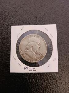 1952 Franklin Half Dollar, 90% Silver, Benjamin Franklin, Liberty Bell, Circulated